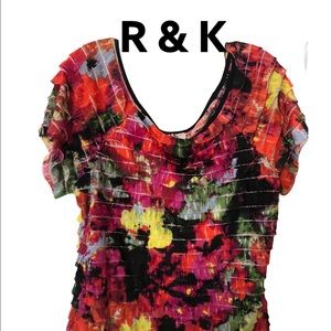 R & K Ruffle Pleated Short Sleeve Floral Pullover Blouse sz 14